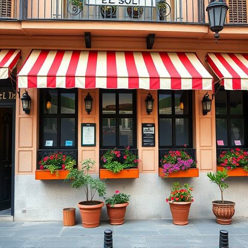 Fachada del Restaurante El Sol Andaluz en Sevilla, con toldos a rayas y macetas con flores
