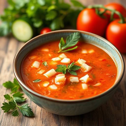 Gazpacho andaluz servido en un cuenco con trozos de tomate, pepino, pimiento y cebolla