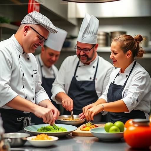 Imagen de los cocineros trabajando juntos en la cocina, mostrando colaboraci&oacute;n y alegr&iacute;a