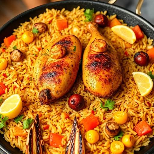Paella valenciana servida en una paellera tradicional con arroz, pollo, conejo y verduras