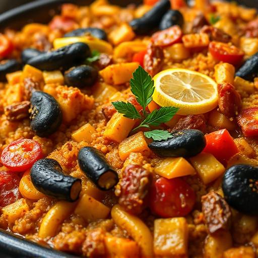 Plato de paella valenciana servida en una paellera tradicional