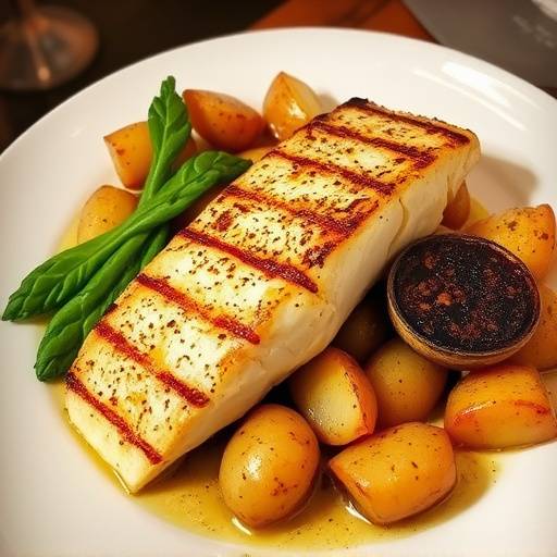 Un filete de bacalao a la plancha con piel crujiente, sobre una cama de pisto manchego y unas patatas panaderas