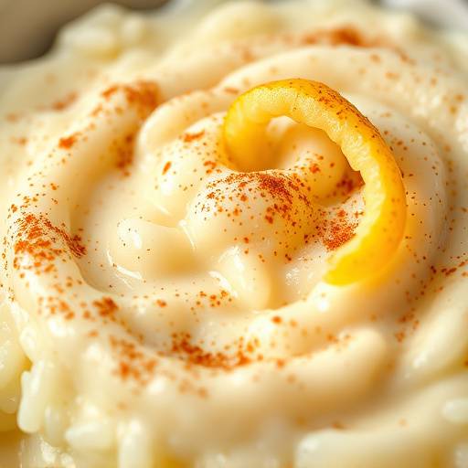 Un plato de arroz con leche cremoso, espolvoreado con canela y adornado con piel de lim&oacute;n