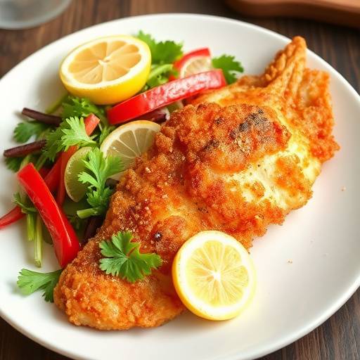 Un plato de merluza a la romana, con rebozado dorado y crujiente, servida con rodajas de lim&oacute;n y una ensalada fresca
