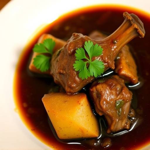 Un plato de rabo de toro estofado, con carne tierna y jugosa, servido con una salsa rica y oscura, adornado con perejil fresco