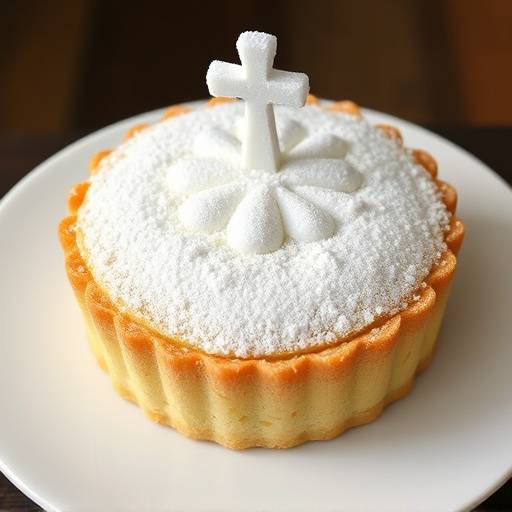 Un trozo de tarta de Santiago espolvoreada con az&uuml;car glas que dibuja la cruz de Santiago, sobre un plato blanco