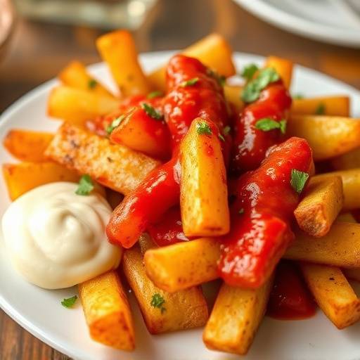 Una fuente de patatas bravas con la salsa brava roja brillante y mayonesa de ajo